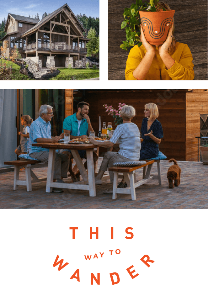 A cozy collage features a charming cabin at Suncadia, a person cradling a plant pot, and a family dining alfresco with their loyal dog nearby, encapsulating the essence of warmth and togetherness.