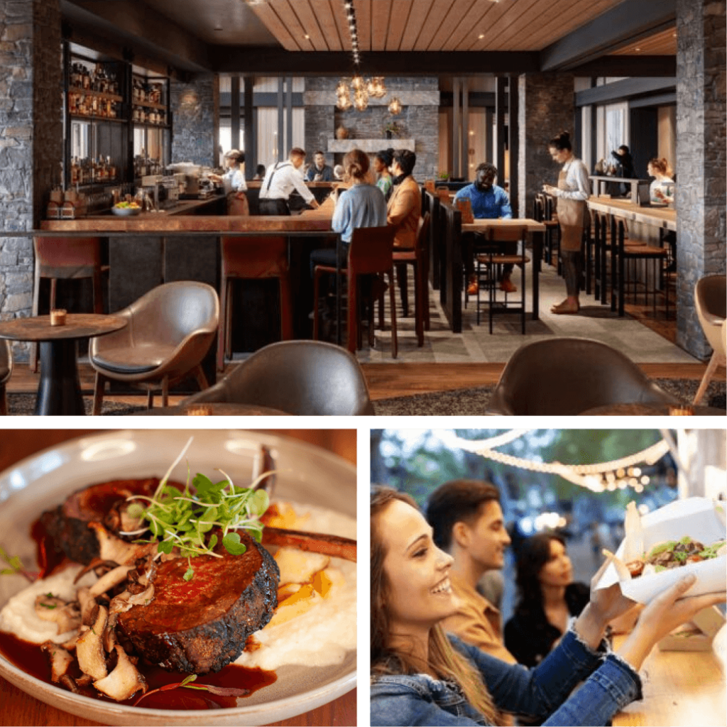 Top: People at a bar with stone walls, reminiscent of upscale Suncadia homes. Bottom left: A gourmet dish with meat and garnish. Bottom right: People holding food containers at an outdoor Suncadia event.