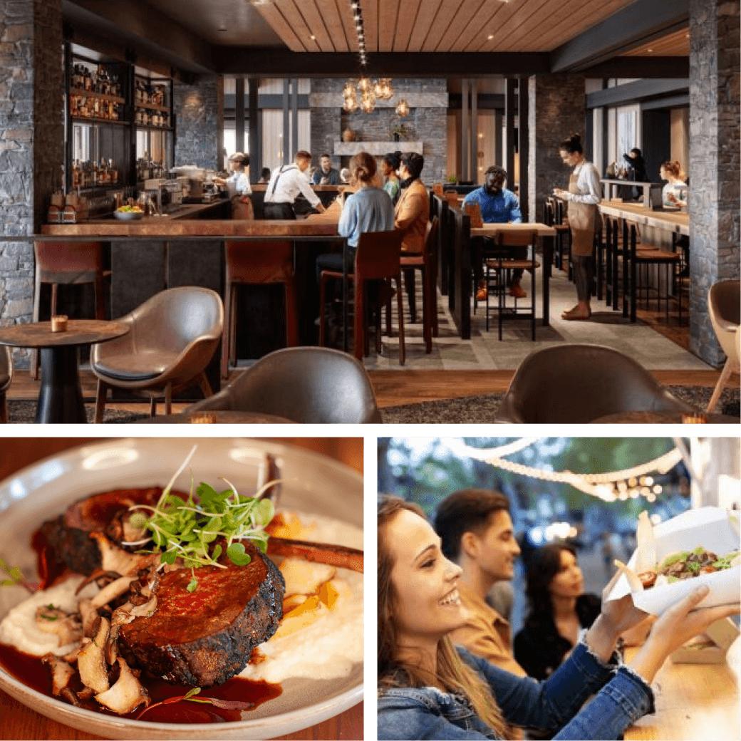 Top: People at a bar with stone walls, reminiscent of upscale Suncadia homes. Bottom left: A gourmet dish with meat and garnish. Bottom right: People holding food containers at an outdoor Suncadia event.