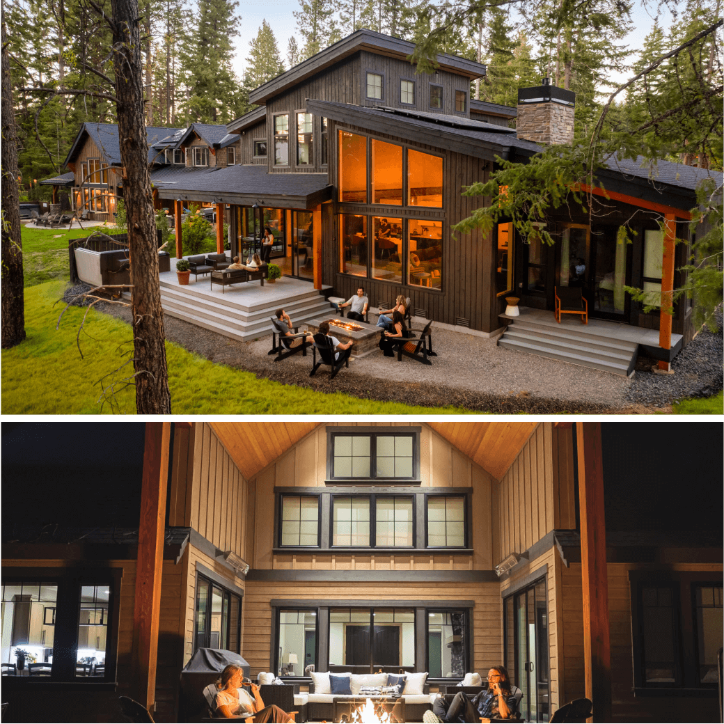 Two images of a modern cabin: the top showcases a wooded exterior in Suncadia with large windows and a patio; the bottom captures a cozy evening setting with people relaxing on the porch, embodying the charm of Suncadia real estate.