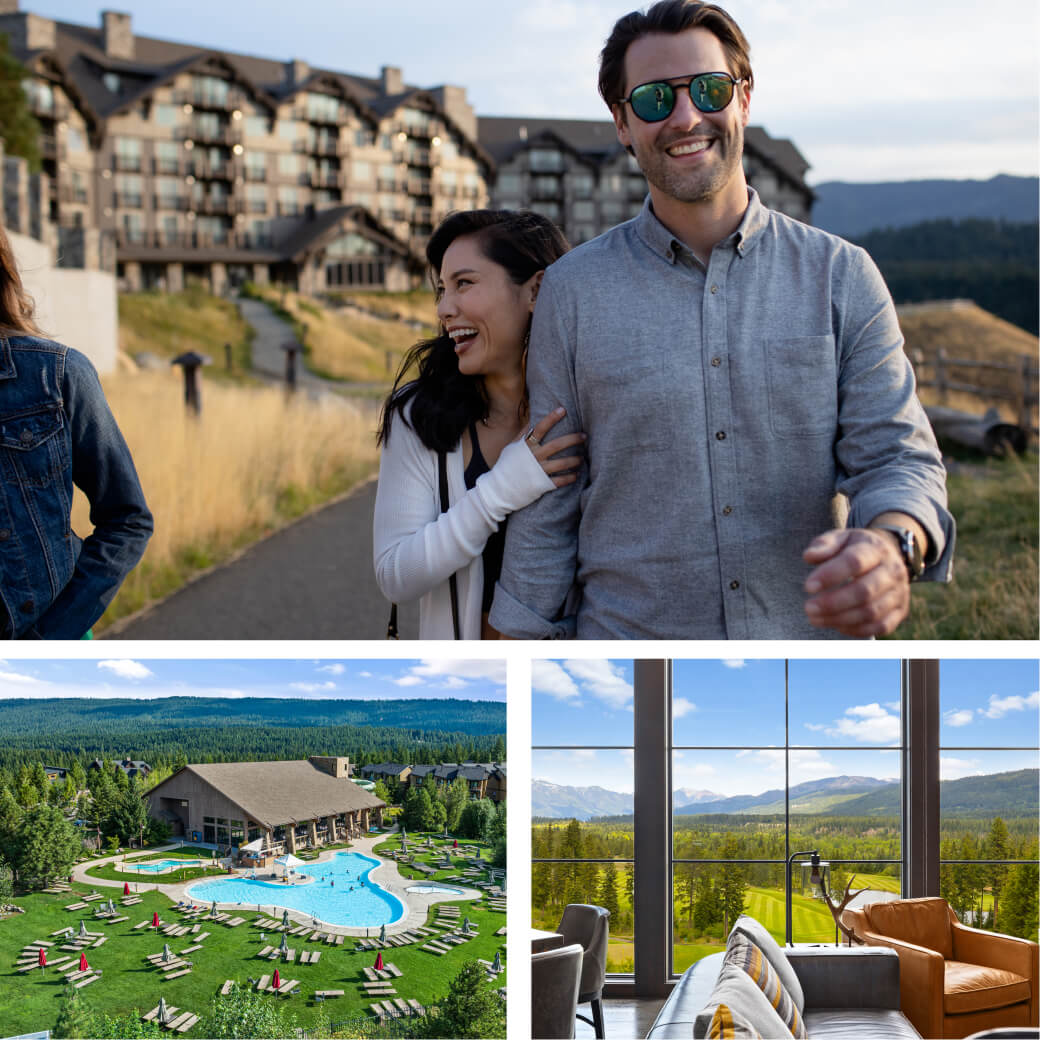 A couple strolls near the charming hillside lodge at Suncadia Resort. Below, images reveal a spacious outdoor pool area with loungers and stunning views through large windows from a room, showcasing the allure of Suncadia real estate.