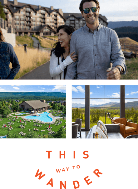 A smiling couple walks outdoors; below, Suncadia Resort in Washington showcases a large pool and scenic views from the lounge area. Text reads "This Way to Wander.