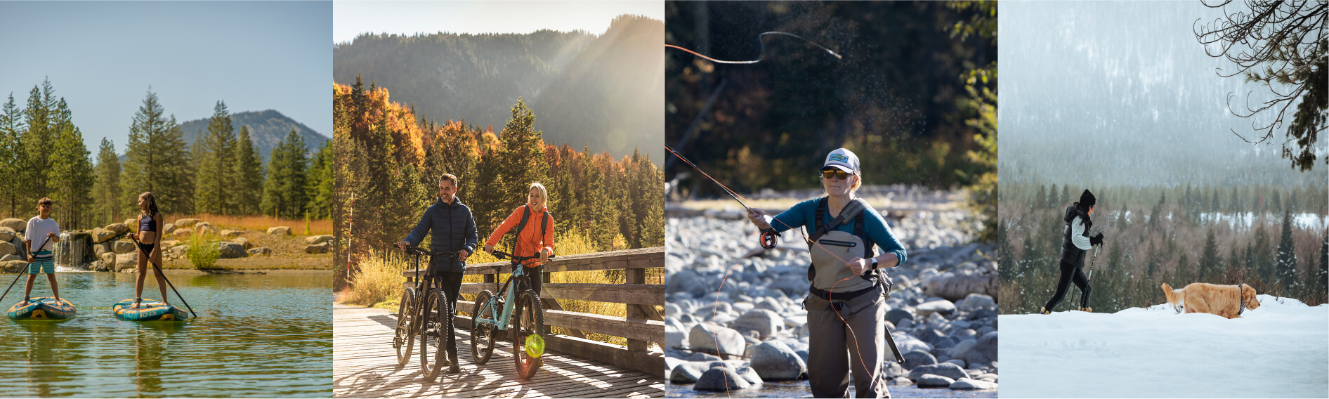 Experience the serene beauty of Suncadia with outdoor adventures: paddleboard on a tranquil lake, cycle along a scenic wooden path, fly fish in a rocky river, or walk your dog through a snowy landscape. Discover the unforgettable charm of Suncadia Resort, Washington.