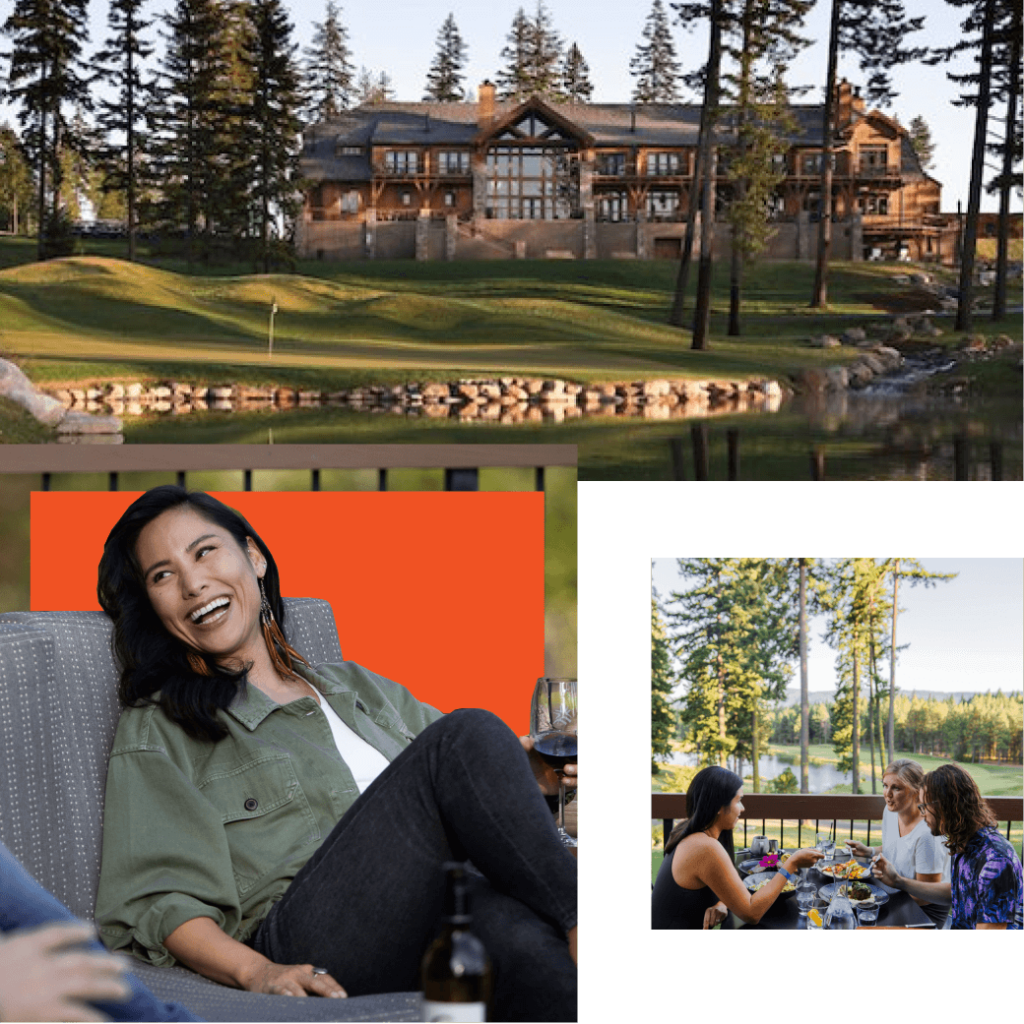 At Suncadia Resort, a lodge by the lake is surrounded by trees. A person smiles, seated near a sofa with drinks and delectable cuisine from Cle Elum restaurants on a table set outdoors among the trees.