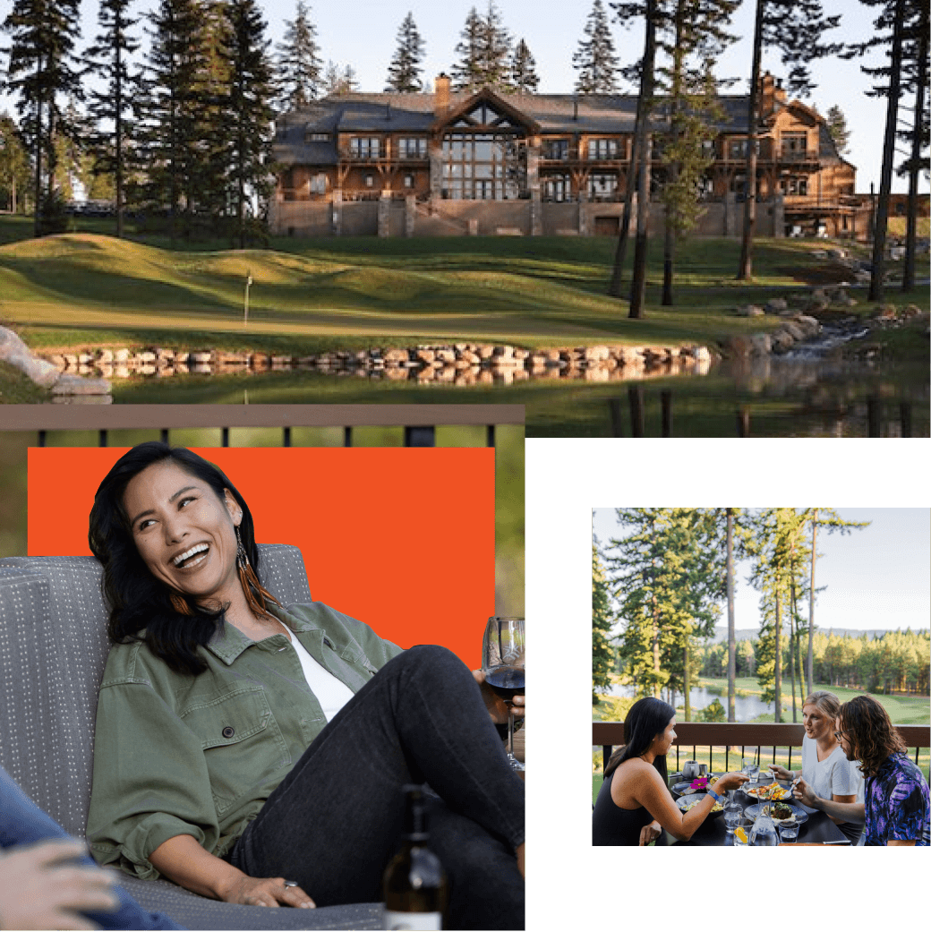 At Suncadia Resort, a lodge by the lake is surrounded by trees. A person smiles, seated near a sofa with drinks and delectable cuisine from Cle Elum restaurants on a table set outdoors among the trees.