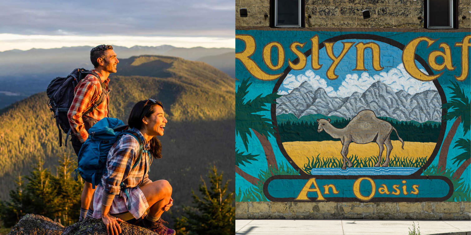 Two hikers on a mountain overlook; adjacent to a mural of a camel and mountains with the text "Roslyn Cafe, An Oasis." Nearby, discover Cle Elum restaurants and the inviting charm of Suncadia homes.