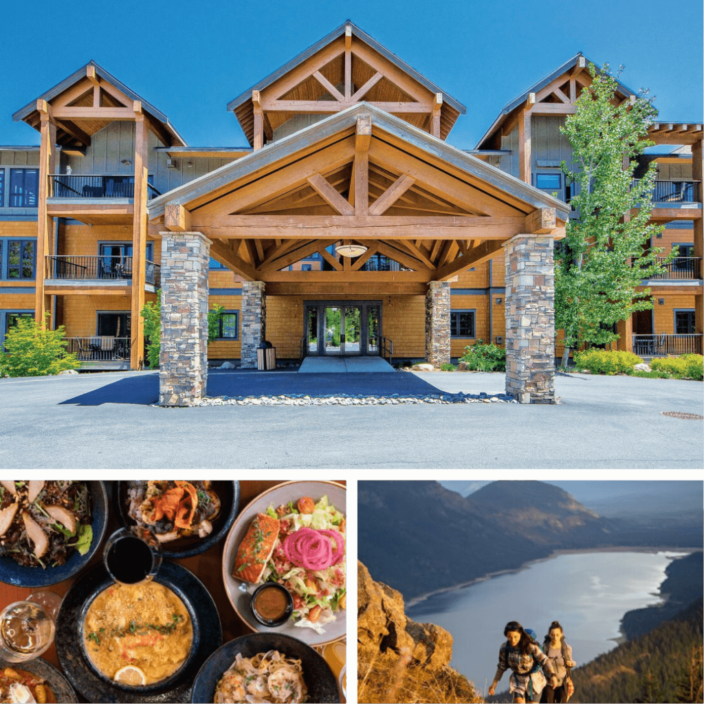 A modern lodge with wooden architecture and stone accents. Below are a variety of plated dishes, typical of Cle Elum restaurants, and a scenic view of hikers overlooking a lake and mountains near Suncadia Resort.