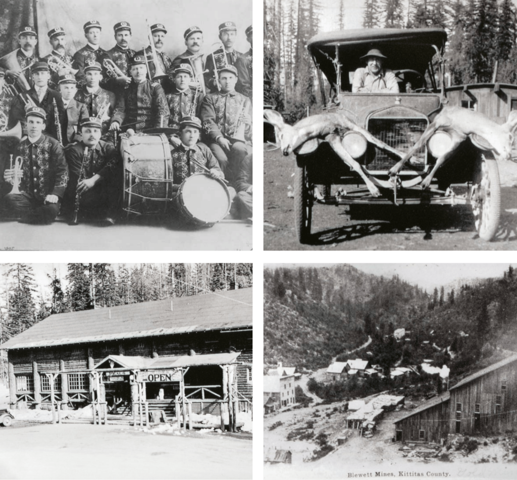 A vintage collage: a band group, an old car with deer, a rustic building labeled "Lunch Room and Store," and a mountain mining area with buildings reminiscent of the landscapes surrounding Suncadia Resort Washington.