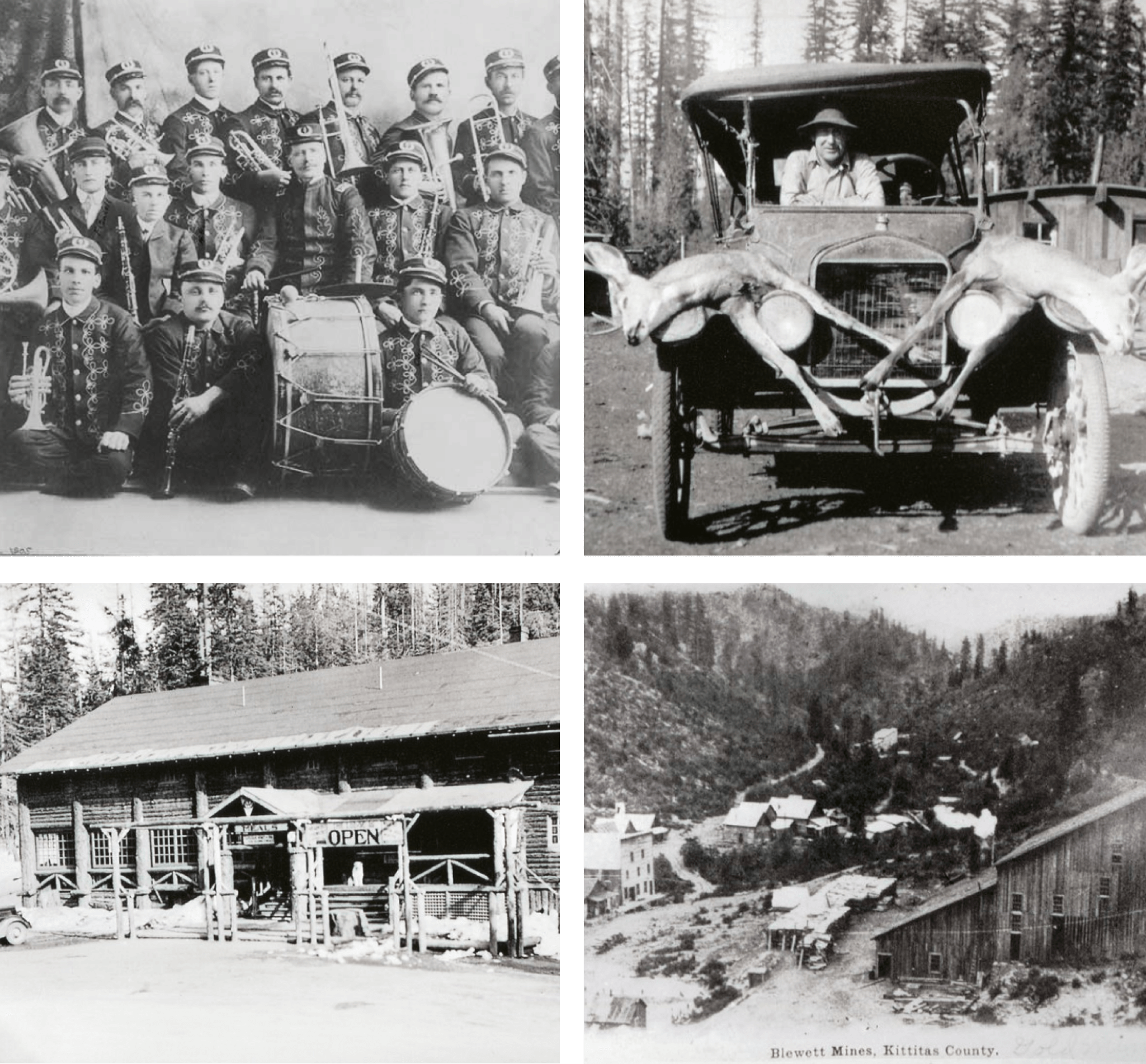 A vintage collage: a band group, an old car with deer, a rustic building labeled "Lunch Room and Store," and a mountain mining area with buildings reminiscent of the landscapes surrounding Suncadia Resort Washington.