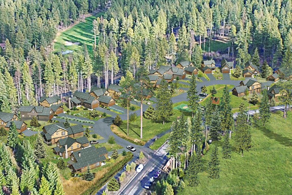 an aerial view of a residential area in the woods.