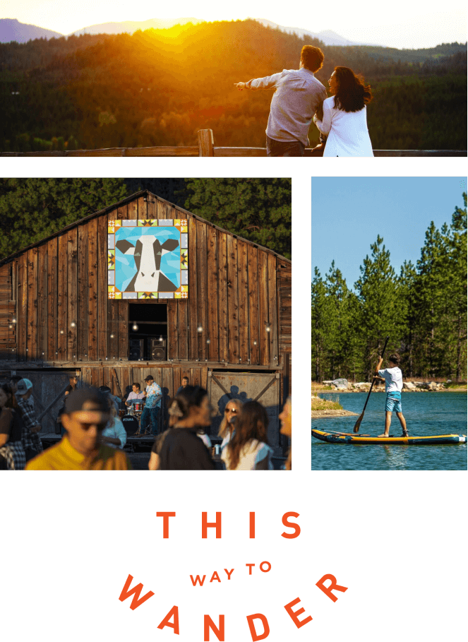 Collage of a couple watching sunset, a group at a wooden barn, and a person paddleboarding on a lake near stunning Suncadia homes. Text reads "This Way to Wander.