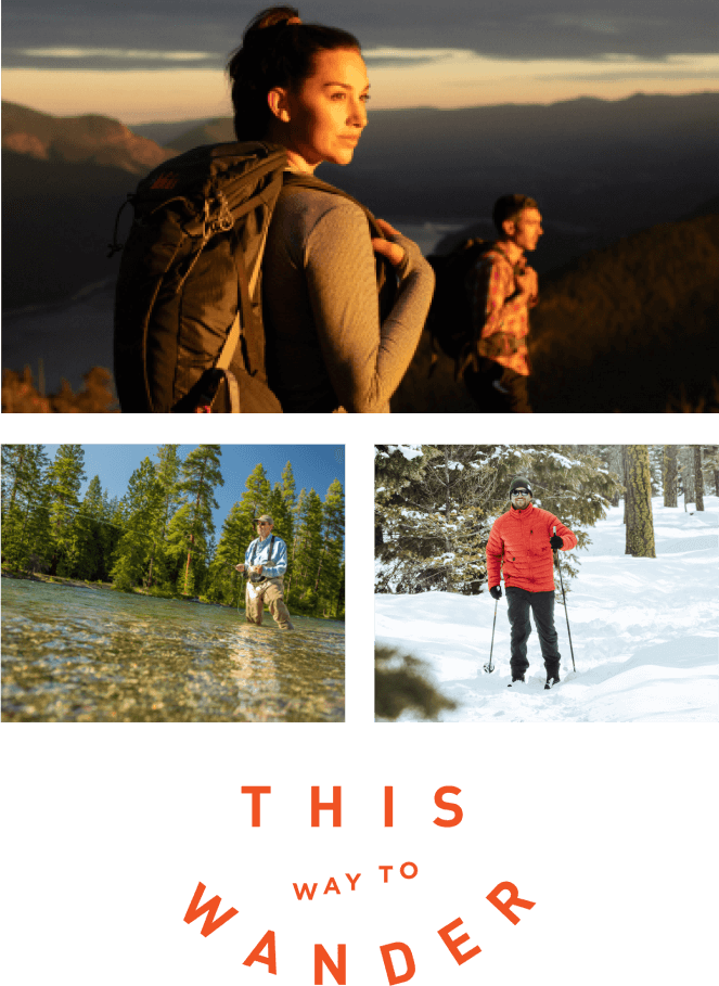 Collage of outdoor activities: two hikers at sunrise near Suncadia Resort Washington, a person fishing in a river, an individual snowshoeing, and the text "This way to wander." Discover nature's playground just steps from Suncadia homes.