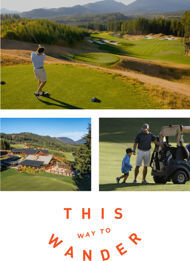 Golf course with a person swinging a club, aerial view of the clubhouse at Suncadia Resort, and two people near a golf cart. Text at bottom reads, "This way to wander.