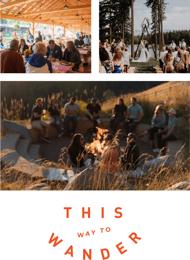 Three photos: people enjoying a picnic, a wedding ceremony in the woods, and a group sitting around a campfire. Text at the bottom reads, "This way to wander," inviting you to explore Suncadia Resort Washington and its nearby Cle Elum restaurants.