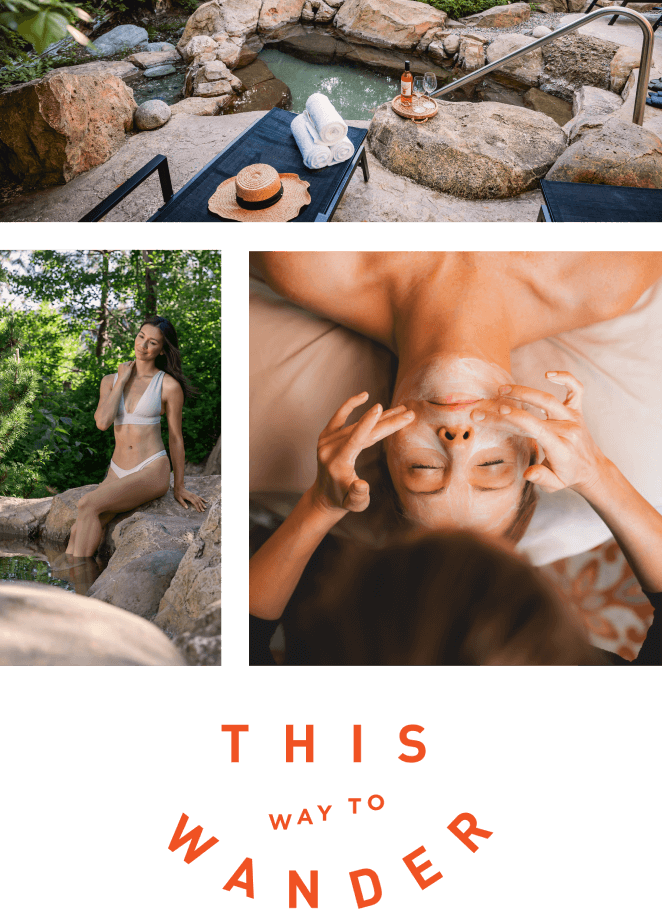 Suncadia spa scene collage: an outdoor hot tub with towels and a drink, a person in a swimsuit by the water, and someone enjoying a facial treatment. Text reads "This way to wander." Afterward, savor local flavors at Cle Elum restaurants near Suncadia Resort Washington.