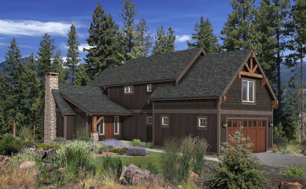 a large brown house surrounded by trees and rocks.