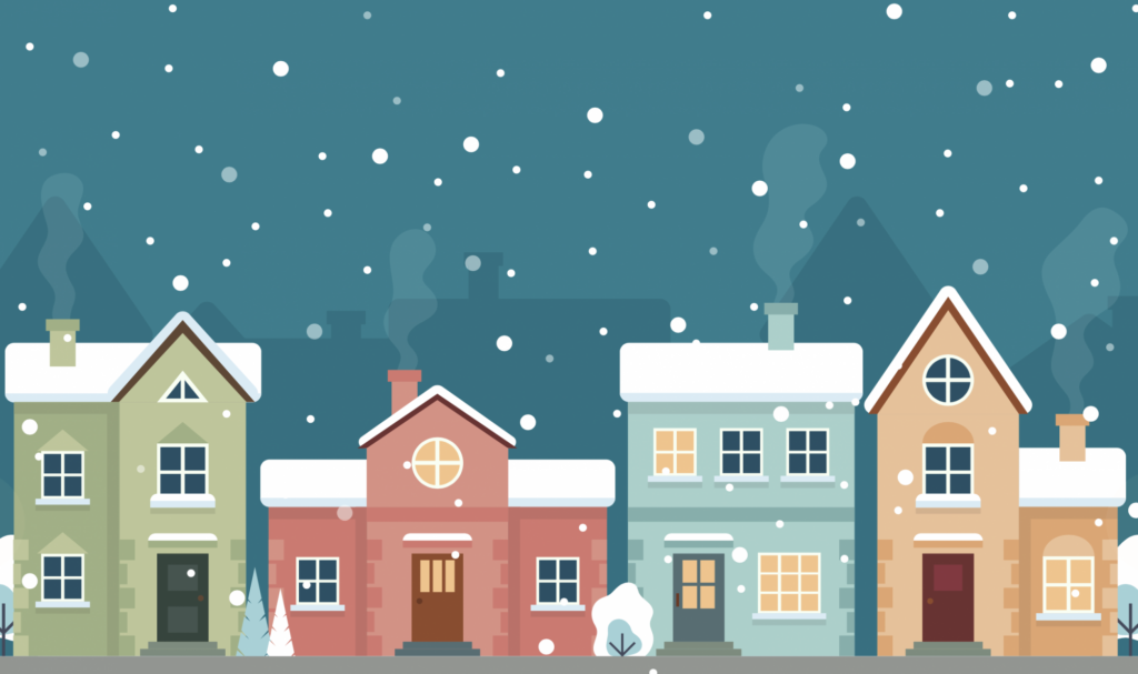 a row of houses with snow falling on them.