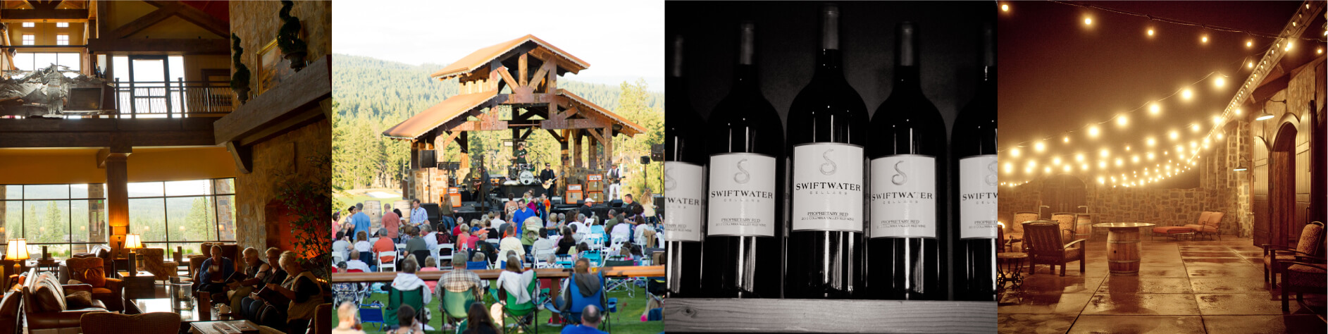 The cozy lodge interior at Suncadia Resort Washington complements the lively outdoor concert atmosphere. Wine bottles line the shelves, while a patio adorned with string lights invites relaxation, showcasing the charming allure of Suncadia real estate.