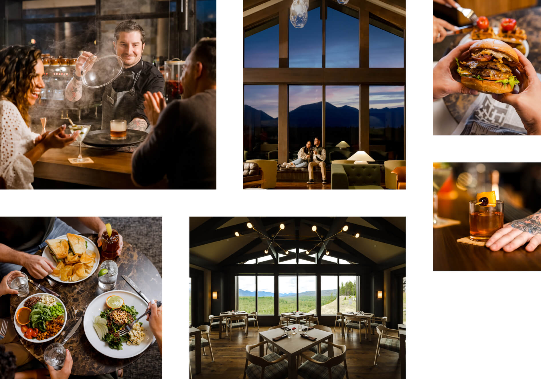 Collage of dining experiences at Suncadia: a chef pouring at a table, a couple enjoying Cle Elum restaurants, dishes with salad and burgers, a cocktail, and a panoramic restaurant view with mountains.