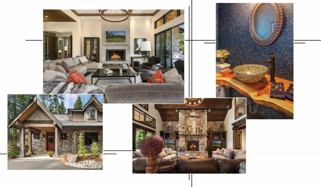 a collage of photos of a living room, dining room, and kitchen.