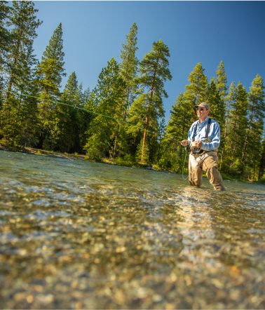 An individual fly-fishes in a clear, shallow river at Suncadia Resort, surrounded by tall pine trees under a blue sky.