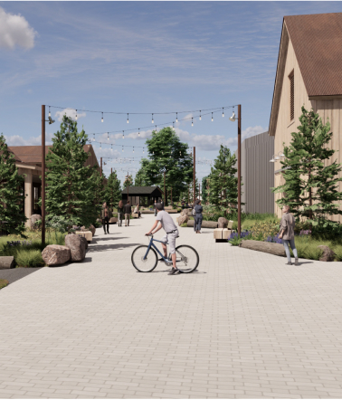 A paved walkway at Suncadia Resort features people strolling and a cyclist gliding by. Trees and string lights decorate the path, with buildings visible on either side, perhaps hinting at the nearby Cle Elum restaurants awaiting discovery.