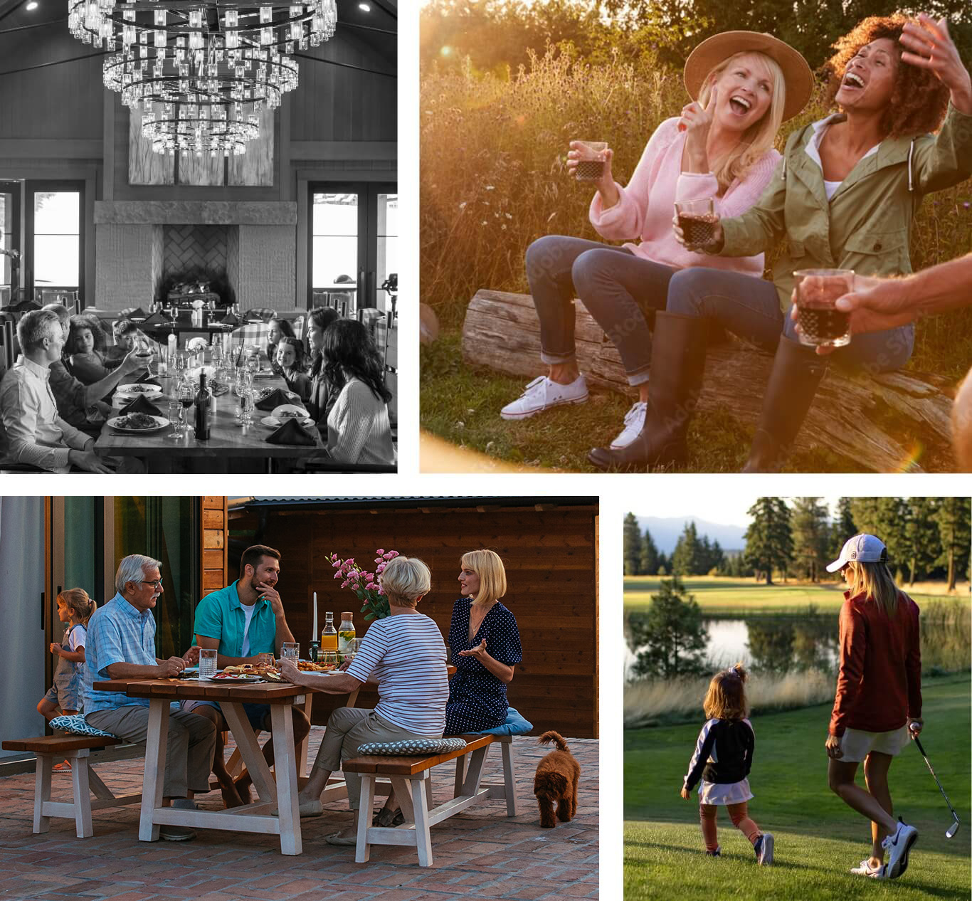 A collage of four dining and social scenarios, featuring Cle Elum restaurants: indoor dining, a cozy log gathering, patio dining at Suncadia, and a golf course outing showcasing the allure of Suncadia real estate.