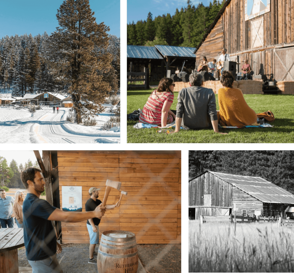 Collage of four images: snowy cabins at Suncadia Resort, group watching outdoor music, man axe throwing, and rustic barn in field.