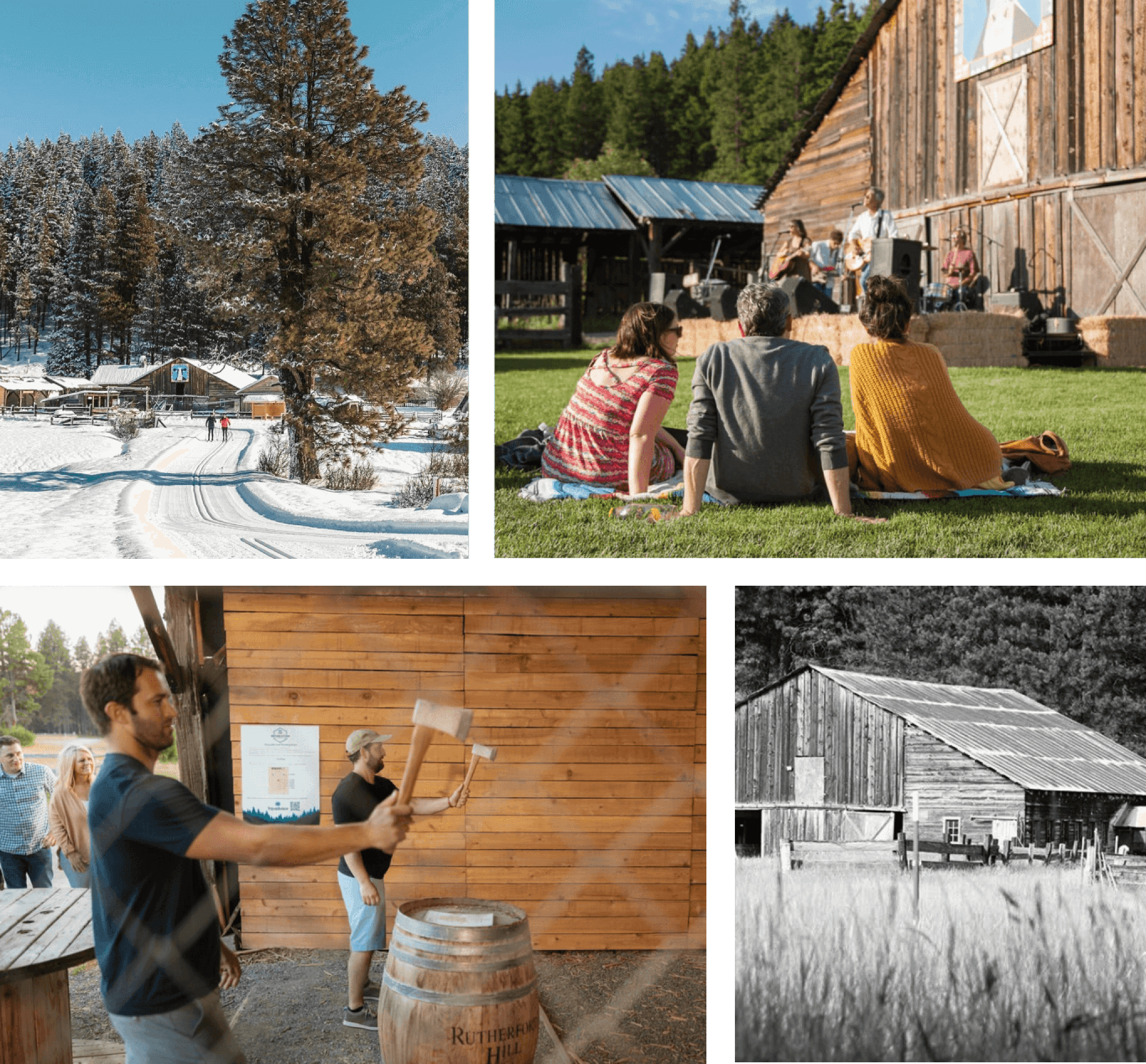 Collage of four images: snowy cabins at Suncadia Resort, group watching outdoor music, man axe throwing, and rustic barn in field.