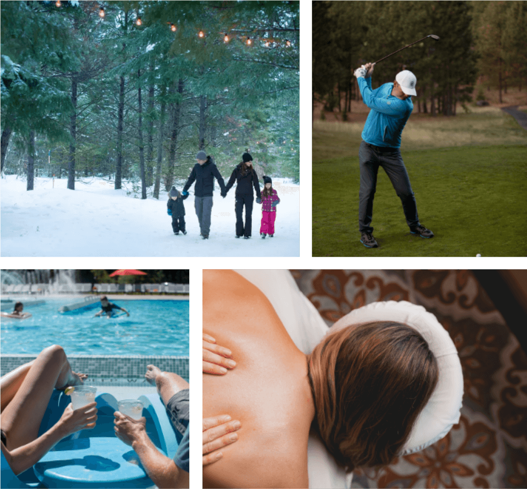 Collage: family walking in snowy forest, person golfing at Suncadia, people relaxing by a pool, and individual receiving a massage at the serene Suncadia Resort.