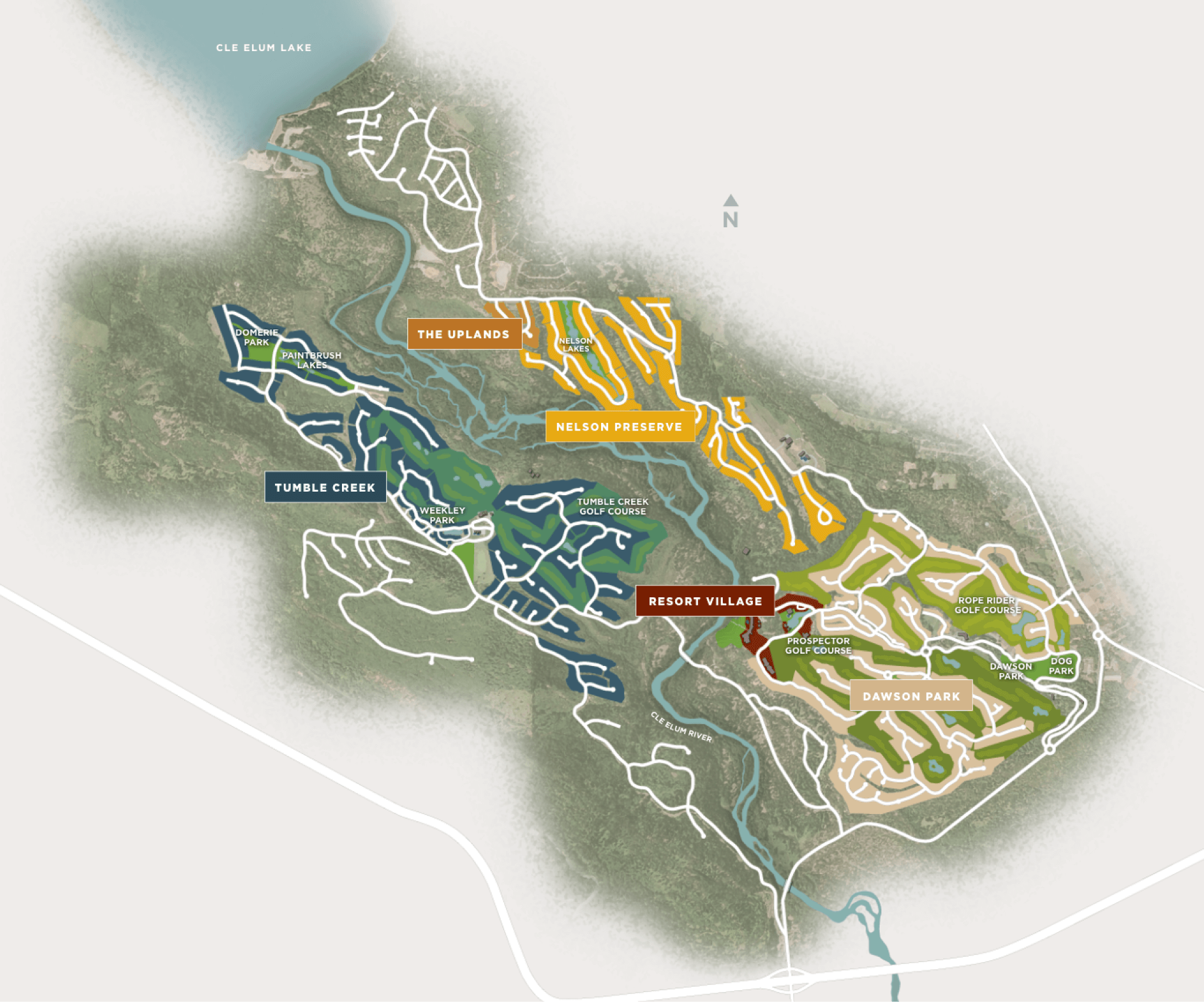 Map of Suncadia Resort area showing labeled sections: Tumble Creek, The Uplands, Nelson Preserve, Resort Village, and Dawson Park. Roads and water bodies are marked alongside nearby Cle Elum restaurants and Suncadia homes for an immersive experience.