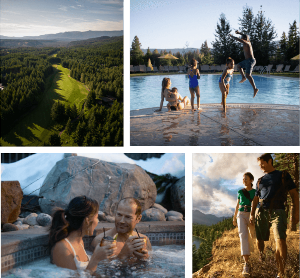 Scenic collage: aerial view of forested landscapes at Suncadia Resort, couples enjoying hot tubs, and hikers relishing mountain views near Cle Elum restaurants.