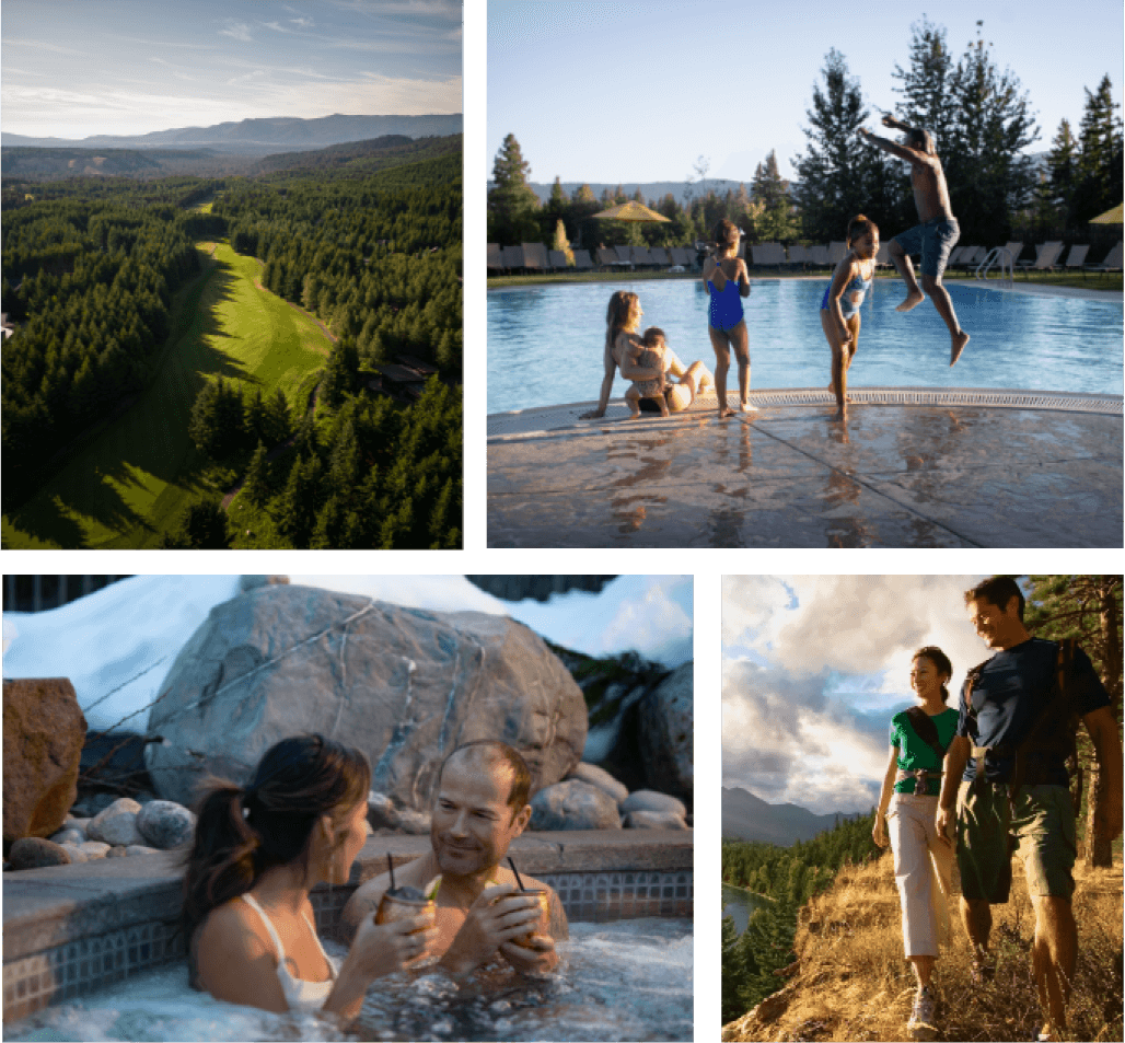 Scenic collage: aerial view of forested landscapes at Suncadia Resort, couples enjoying hot tubs, and hikers relishing mountain views near Cle Elum restaurants.