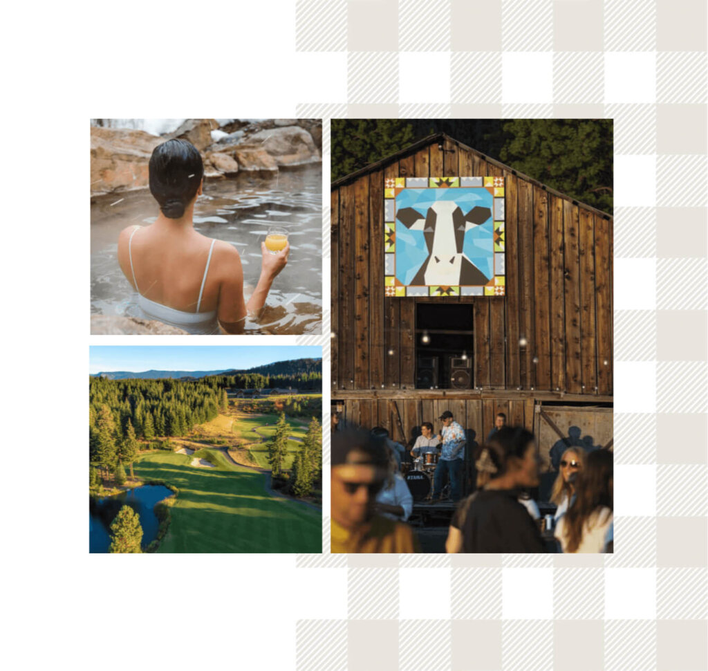 Collage of a woman in a hot spring, a barn with a cow mural, the lush green landscape of Suncadia with trees, and people enjoying an outdoor event.