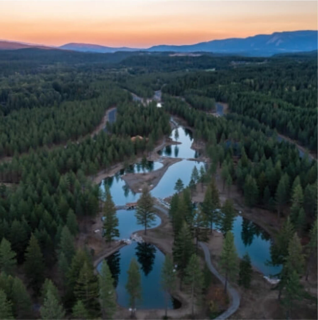 Aerial view of a winding river surrounded by dense green forest and mountains at sunset, near Suncadia Resort, Washington, where stunning homes dot the landscape.