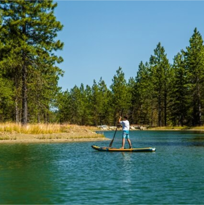 A person paddleboarding on a calm lake surrounded by pine trees under a clear blue sky enjoys the serene beauty of Suncadia.