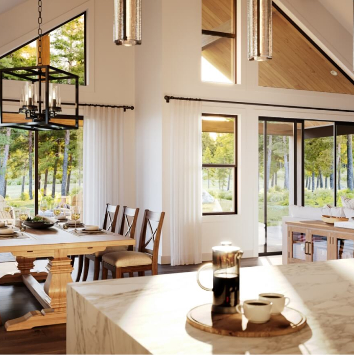 A modern dining and living area features large windows, wooden furniture, and a coffee tray on a marble countertop, all set against an enchanting forested view reminiscent of Suncadia Resort in Washington.