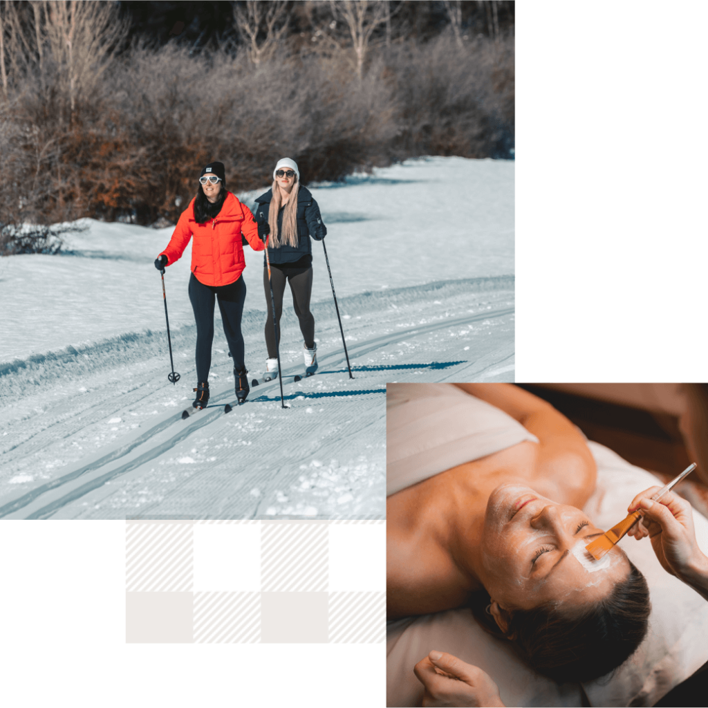 Two people cross-country skiing on a snowy trail near the scenic Suncadia Resort in Washington. Inset image shows a person receiving a luxurious skincare treatment with a brush, capturing moments of relaxation and adventure.