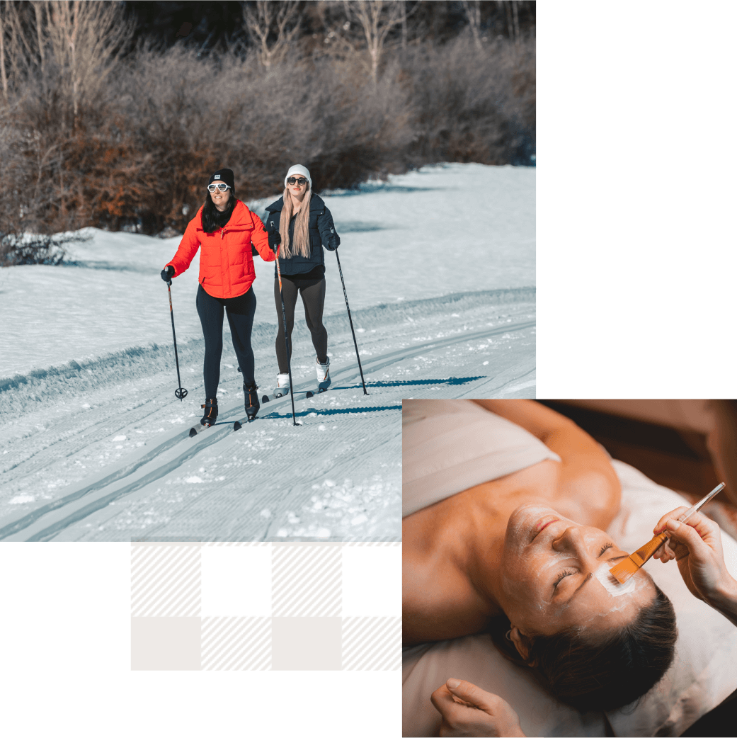 Two people cross-country skiing on a snowy trail near the scenic Suncadia Resort in Washington. Inset image shows a person receiving a luxurious skincare treatment with a brush, capturing moments of relaxation and adventure.