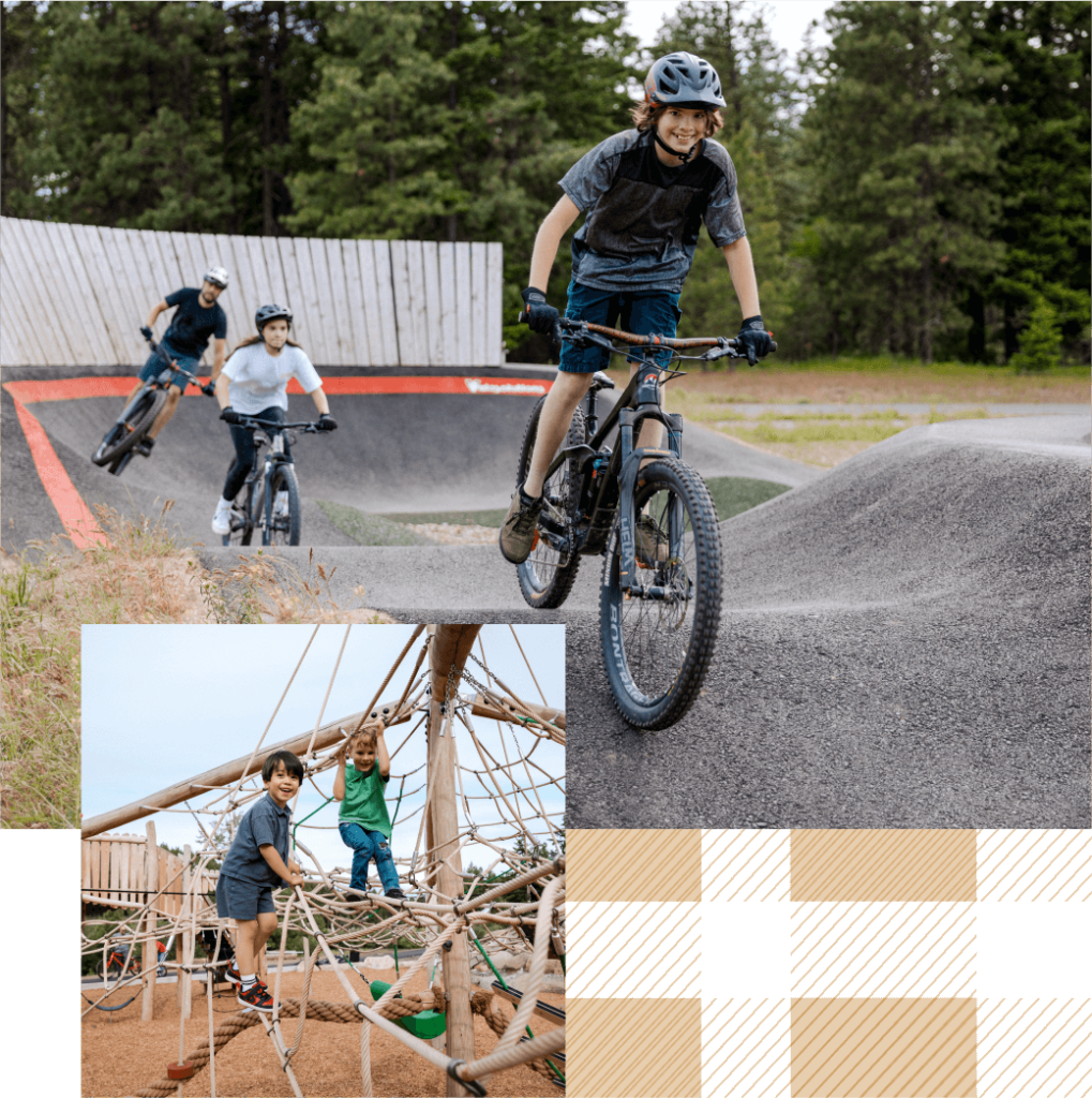 Children biking on a pump track and climbing on a wooden play structure set against the serene backdrop of a forest, with a plaid pattern in the bottom right corner, capture the essence of Suncadia Resort, Washington—a place where families create lasting memories.