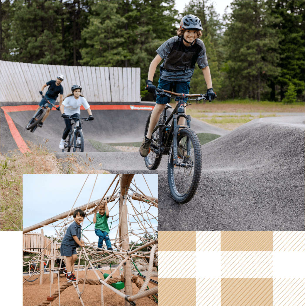 Children biking on a pump track and climbing on a wooden play structure set against the serene backdrop of a forest, with a plaid pattern in the bottom right corner, capture the essence of Suncadia Resort, Washington—a place where families create lasting memories.