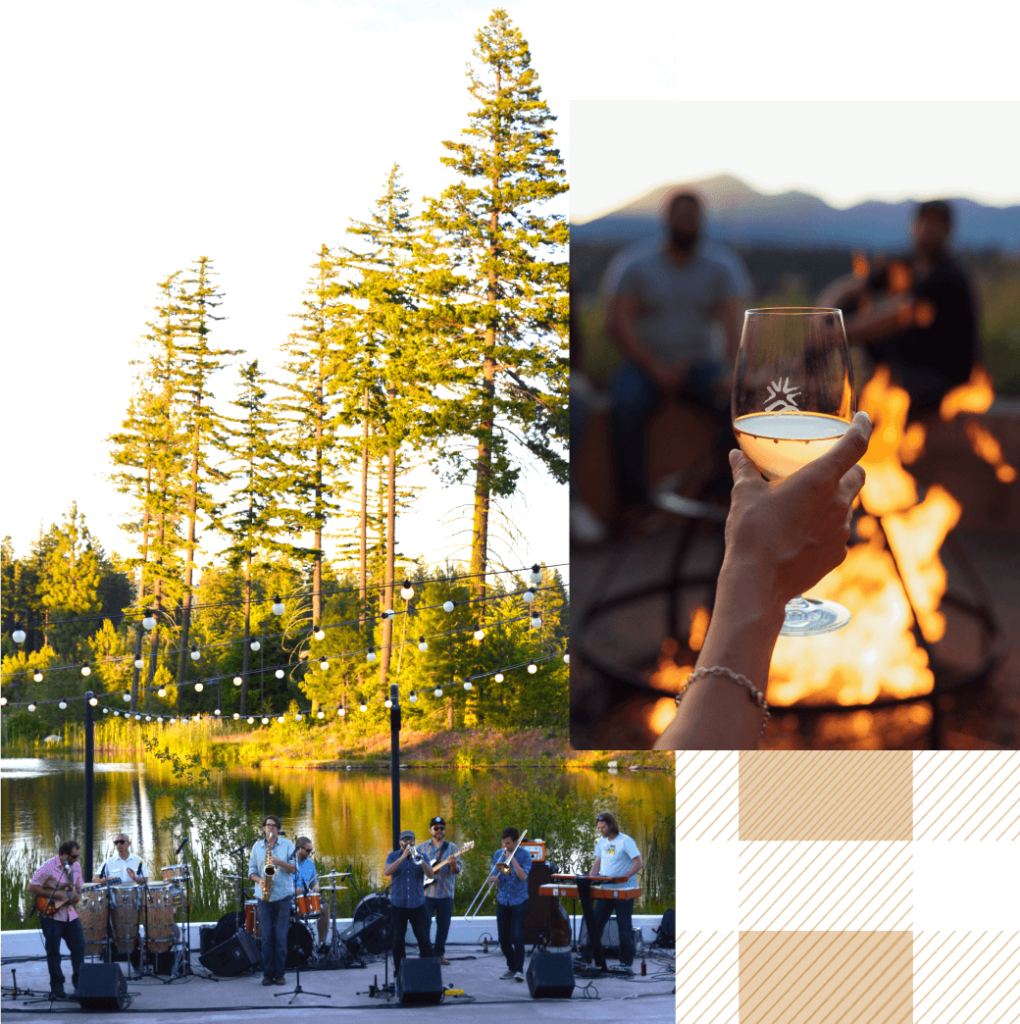 An enchanting outdoor band performance by a lake, illuminated by string lights at Suncadia Resort; an inset captures a person savoring wine near a campfire, with blurred people and the majestic Cle Elum mountains providing a serene backdrop.