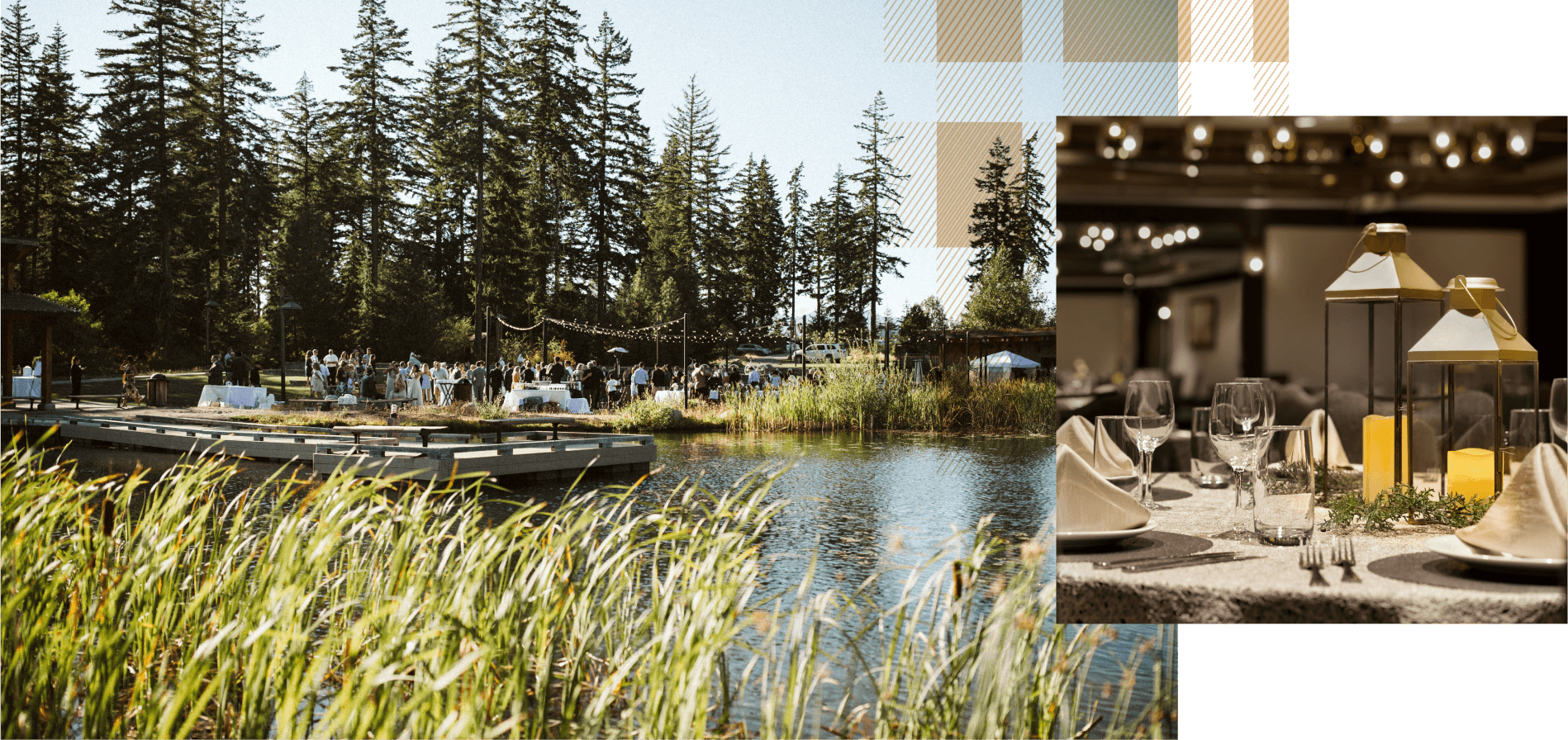 At a charming outdoor event by a lake at Suncadia Resort Washington, guests gather around beautifully arranged tables adorned with string lights. An inset reveals an elegant setting with yellow lamps and folded napkins, all framed by the tall trees of nearby Cle Elum restaurants.