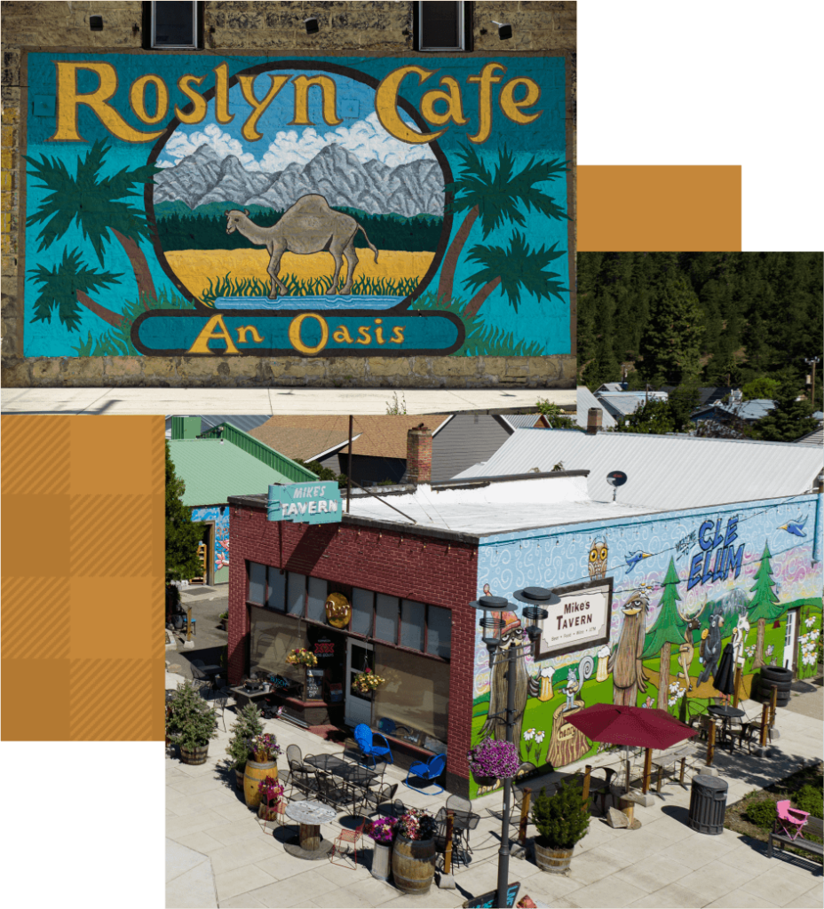 Two murals: One with a camel and "Roslyn Cafe - An Oasis" text, the other depicting an outdoor cafe scene with "Vista Tavern" and vibrant artwork. Nearby, discover Cle Elum restaurants or explore Suncadia Resort Washington for an unforgettable experience.