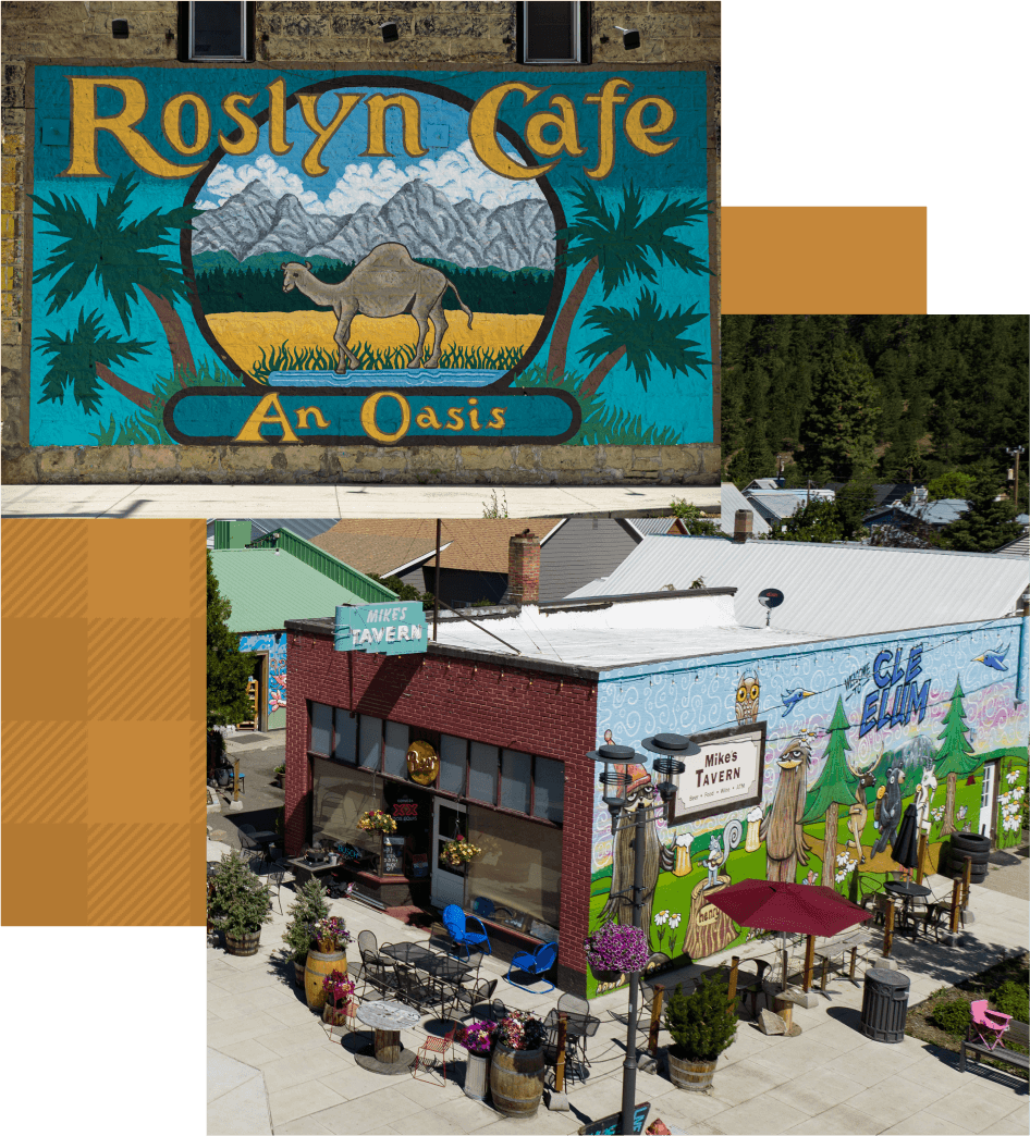 Two murals: One with a camel and "Roslyn Cafe - An Oasis" text, the other depicting an outdoor cafe scene with "Vista Tavern" and vibrant artwork. Nearby, discover Cle Elum restaurants or explore Suncadia Resort Washington for an unforgettable experience.