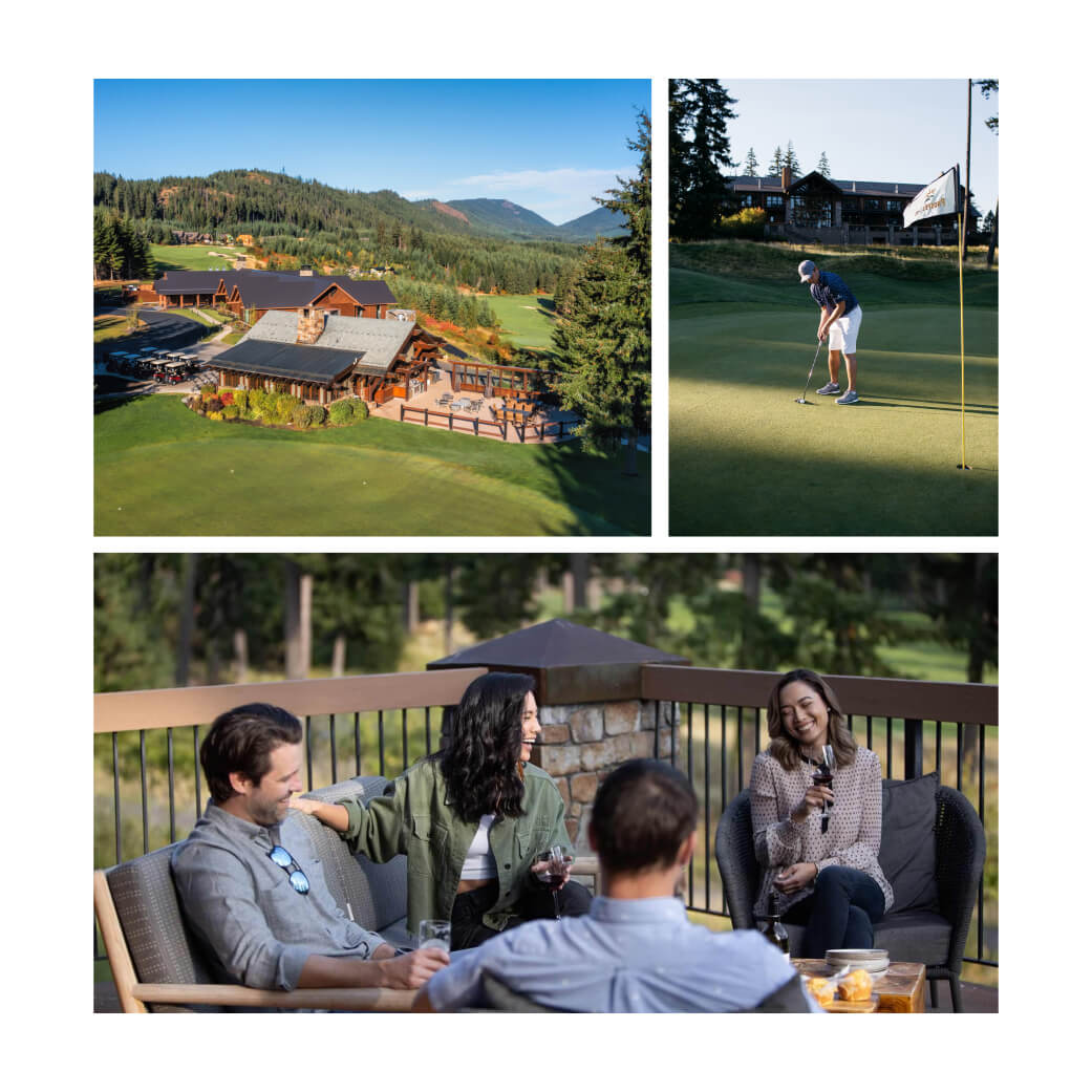 Collage of Suncadia Resort in Washington: aerial view of the clubhouse and greens, a person putting, and three people enjoying drinks on an outdoor patio.