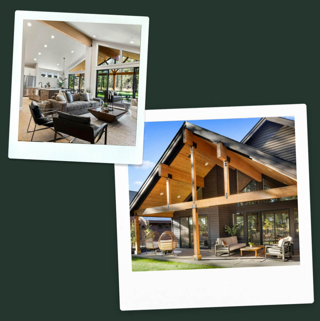 Two images: the first depicts a modern living room with large windows and gray sofas, capturing the elegance of Suncadia Resort. The second showcases the exterior of a Suncadia home with a wooden deck and sloped roof, nestled in the scenic beauty of Washington.