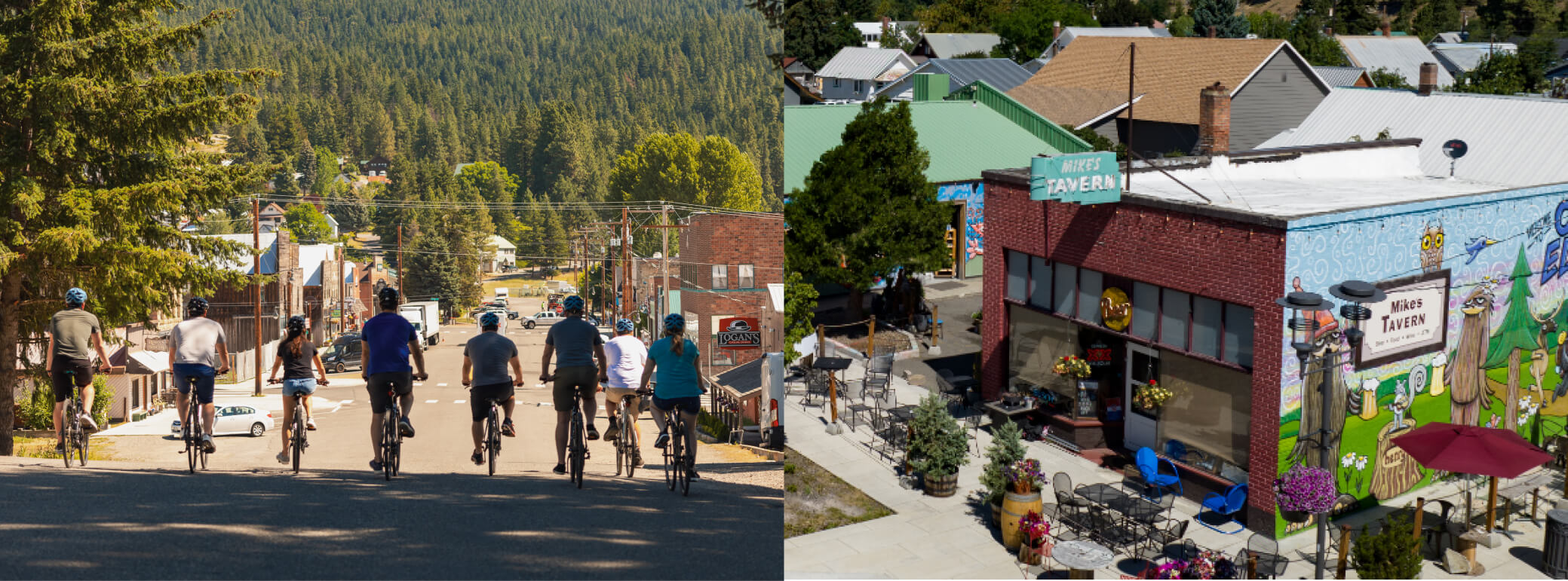 Cyclists ride down a hilly street on the left, while the right side offers an aerial view of a colorful tavern with outdoor seating, reminiscent of Suncadia's vibrant community spirit.