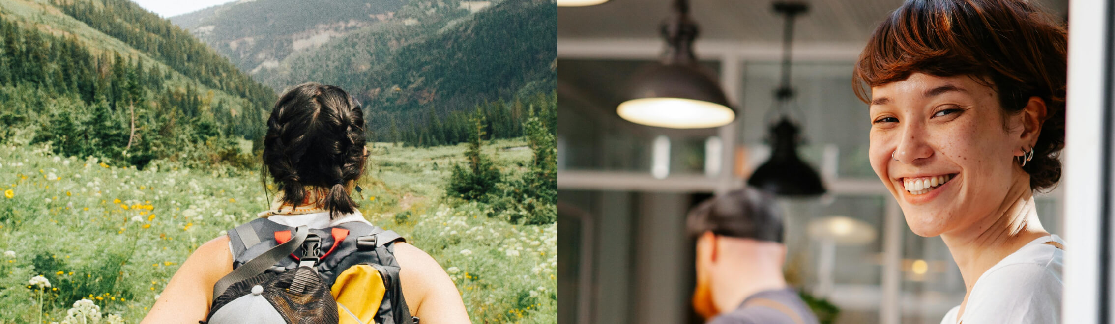 Split image: Left shows a person with a backpack hiking in the lush landscapes near Suncadia Resort, Washington. Right shows a smiling person indoors near a lamp, perhaps dreaming of future adventures in the inviting spaces of Suncadia homes.