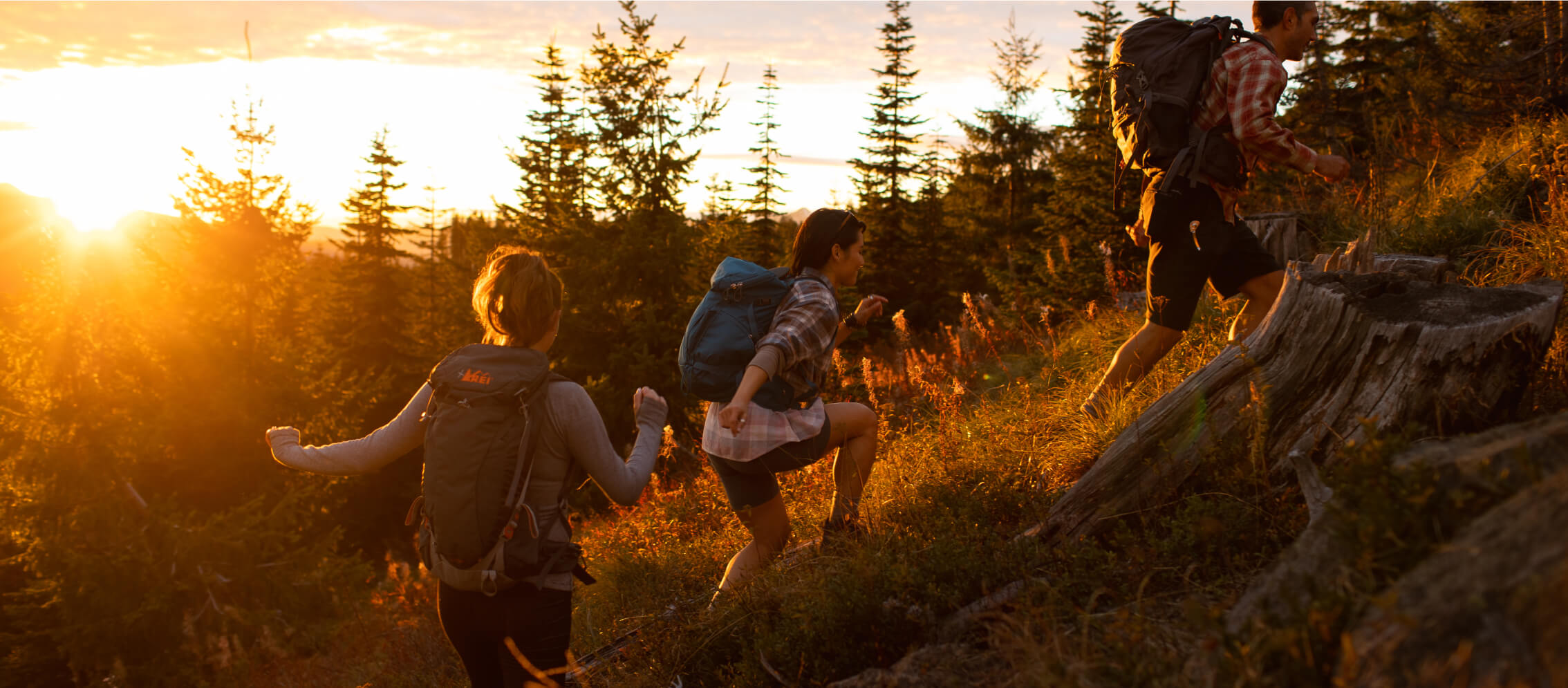 Three adventurers with backpacks hike uphill on a grassy trail at sunset, surrounded by trees near Suncadia, where serene landscapes meet the allure of Cle Elum restaurants.